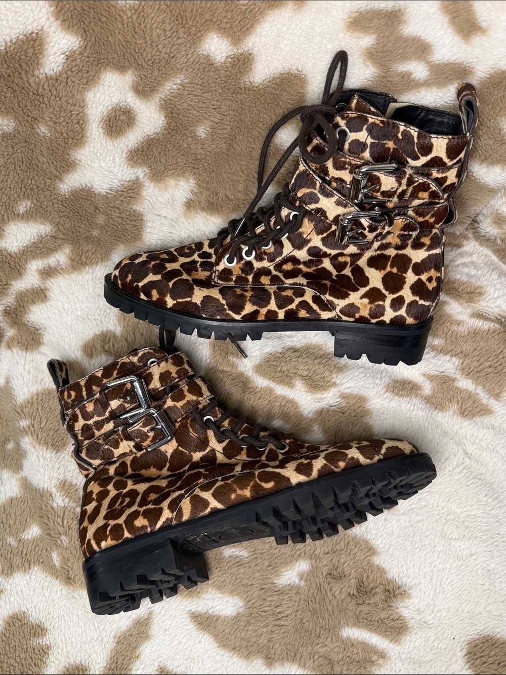 Leopard Print Cow Fur Lace-Up Combat Boots - Brown